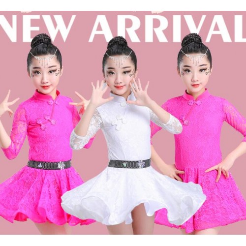 Girls competition latin dresses white pink stage performance school dancing ballroom salsa chacha dance costumes dress